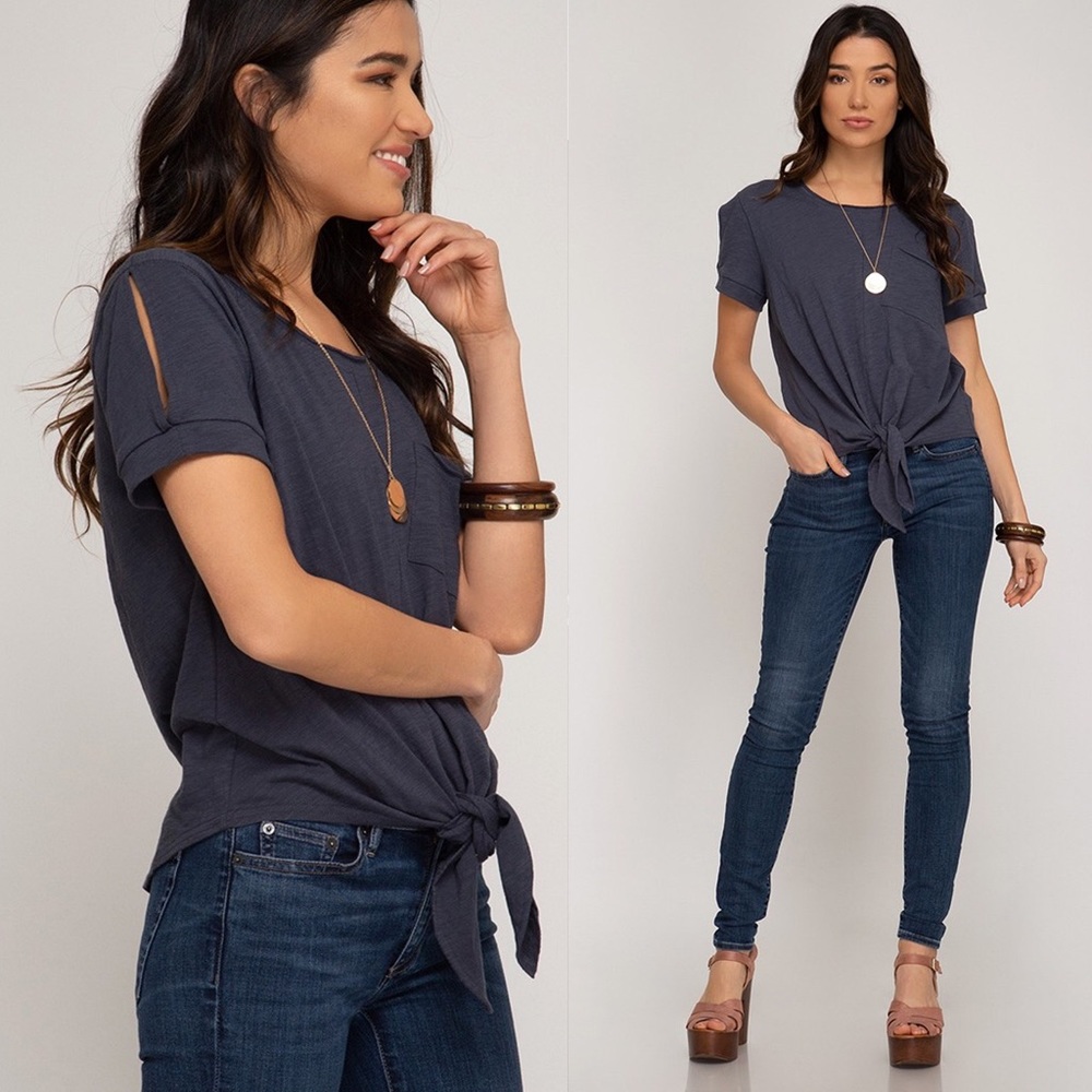 Navy Blue Slit Sleeve | Crew Neck Tie Front Top - Picture 2 of 4